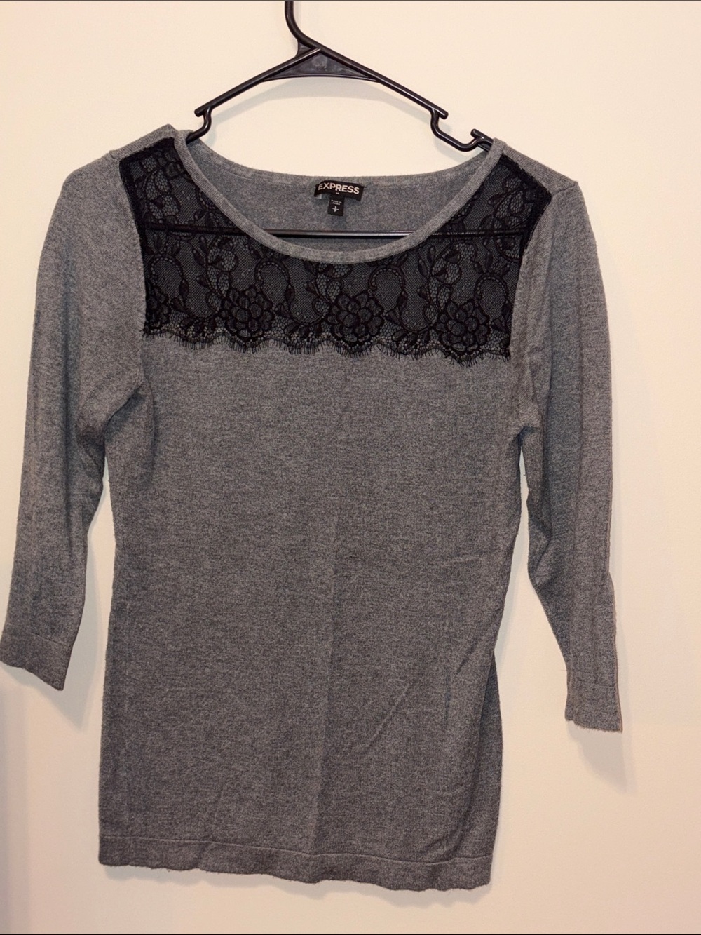 Express Gray Long Sleeve Knit Top with Black Lace Yoke